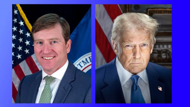 Portraitfotos von Chris Krebs und Donald Trump