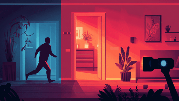 KI-Illustration eines Smart Homes im Alarmmodus. So macht das Smart Home es Einbrechern schwer. 