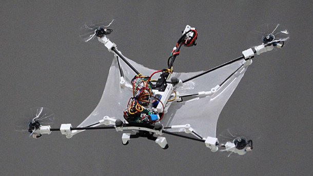 Flying squirrel drone with adjustable silicone wings.