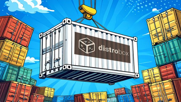 Zeichnung eines Containers, der am Kran hängt, mit Distrobox-Logo drauf. Im Hintergrund Türme von Containern.