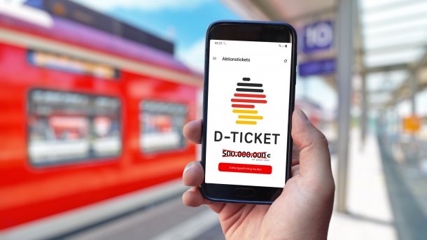 Hand mit Deutschlandticket auf Smartphone vor einfahrendem Zug