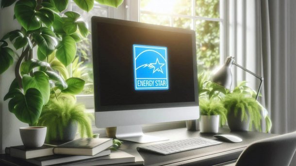 Ein Computer mit Monitor, der einen Energy-Star-Sticker zeigt
