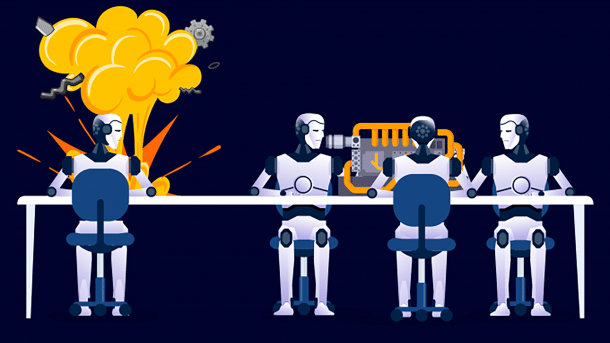 Robot sitting at a table, explosion behind a robot