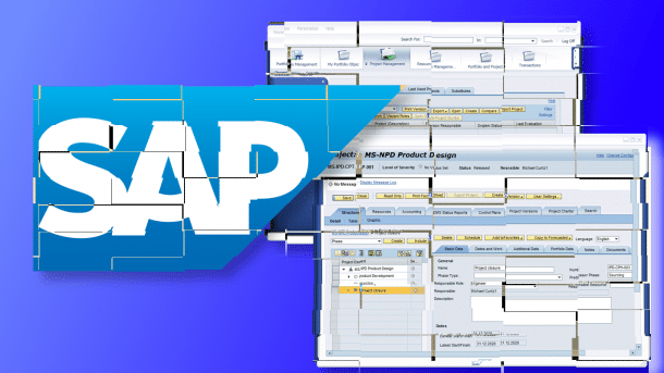 Zerstückeltes SAP-Logo, dahinter zerteilte SAP Netweaver GUI