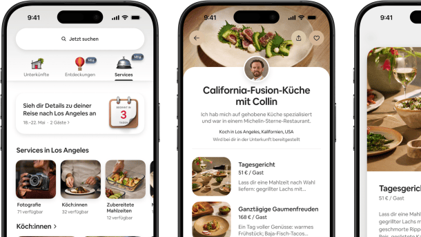 Several screenshots of the Airbnb app with discoveries and services
