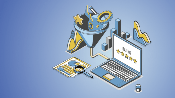 Laptop surrounded by graphs and diagrams