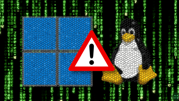 Windows-Logo und Tux auf MAtrix-Zecihenregen-Hintergrund, davor "Achtung"-Schild