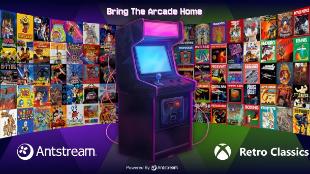 Werbebild für Antstream Arcade auf Xbox zeigt Arcade-Konsole und Spiele-Cover