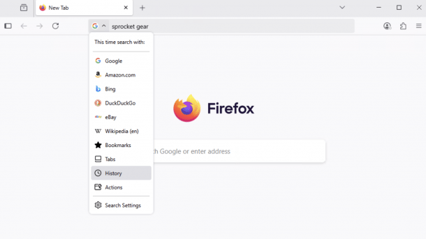 Selection of search engines in the Firefox address bar