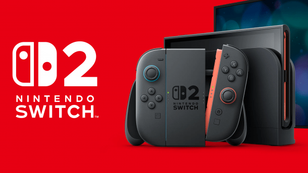 Nintendo Switch 2 vor rotem Hintergrund