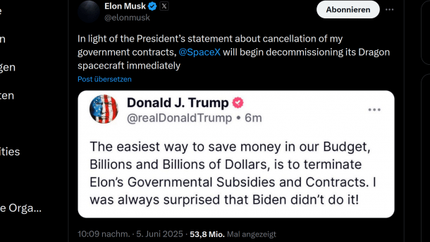 Screenshot der Ankündigung Musks, SpaceX-Raumschiffe nicht mehr zur Verfügung zu stellen.