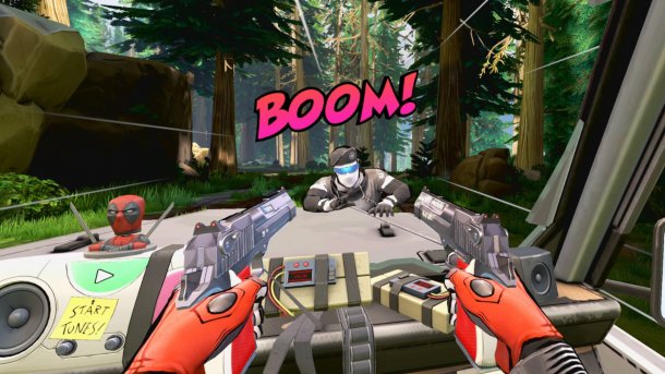 VR game first-person perspective: red gloves holding weapons, opponents at the table, "BOOM!" text, forest backdrop in the background.