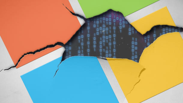 Windows logo with cracks, including "matrix rain"