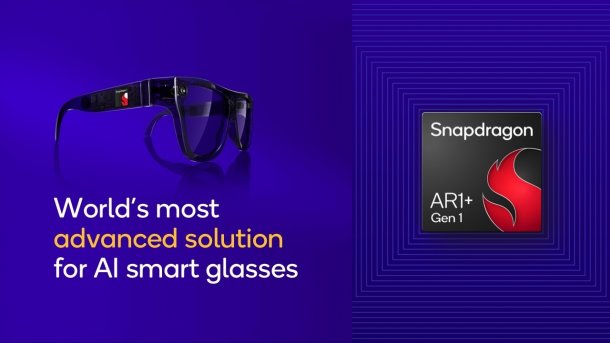 One graphic shows a pair of black smart glasses, a Snapdragon logo and an advertising slogan.