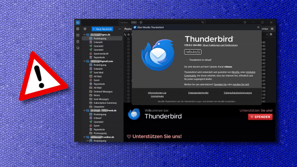 Achtung-Schild neben Thunderbird-Programm 139.0.2