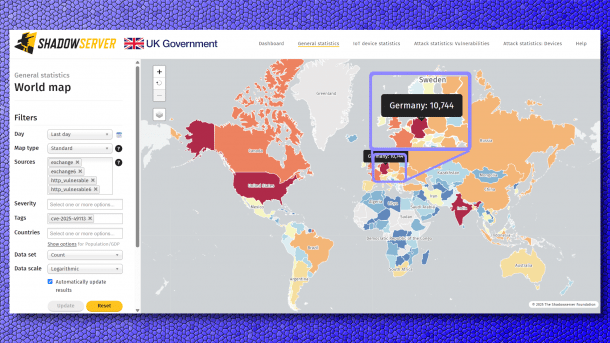 World map with numbers of vulnerable systems