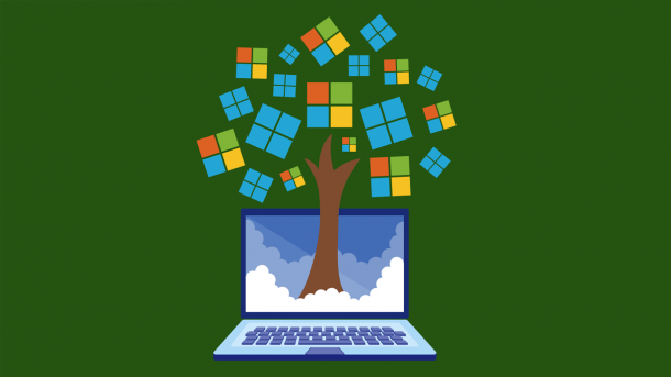 Tree grows out of laptop, Microsoft symbols as leaves of the tree