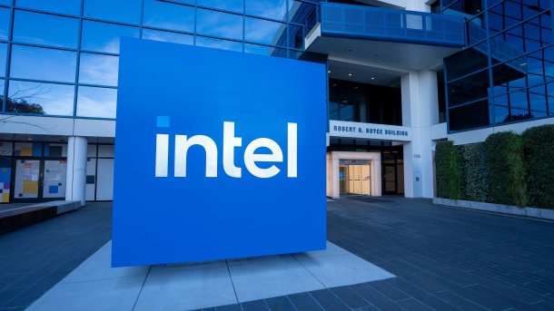 Sign with Intel logo at company headquarters