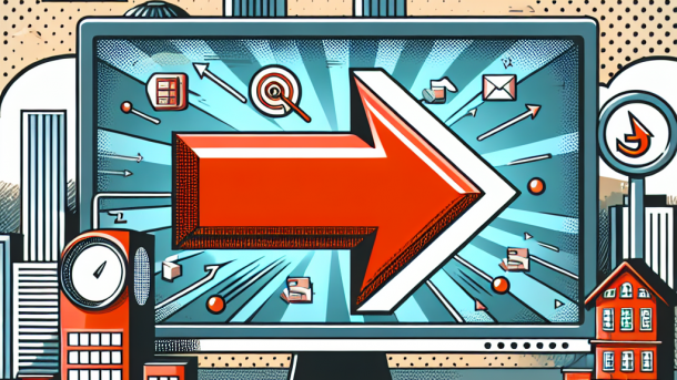 Roter Pfeil auf einem PC-Bildschirm, der nach rechts zeigt; umgeben von Gebäuden. 