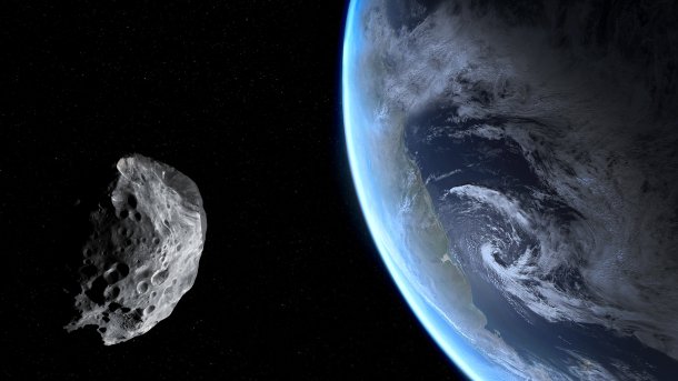 Artist's impression of an asteroid, Earth in the background