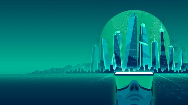 Gitternetz-Stadt mit Person inklusive VR-Brille