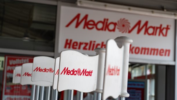 Media Markt signs in front of a Media Markt store