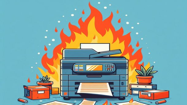 Stylized graphic: a burning network printer