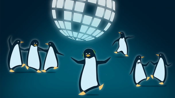 Virtualisierte Pinguine tanzen unter Discoball, Tux