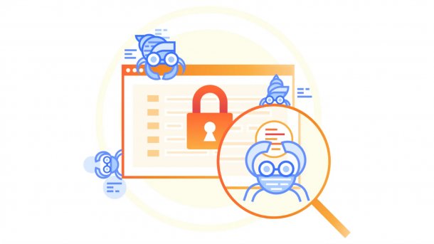 Symbolische Krebse um eine Website mit Schlosssymbol