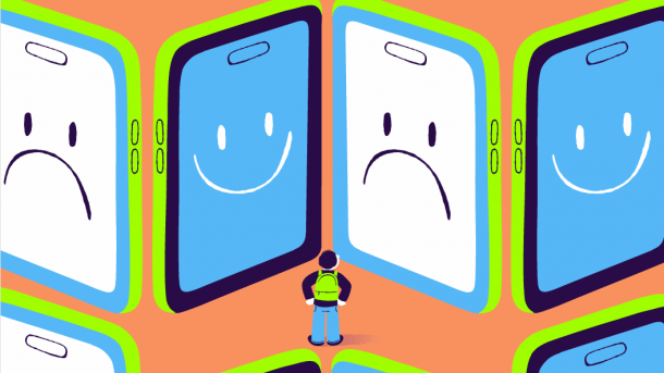 A schoolchild stands in front of large smartphones that alternately look sad and happy