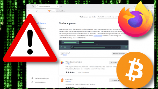 Firefox add-on management, Firefox and Bitcoin logo with warning sign in front of it