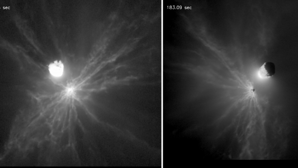 Two images of the asteroid and the ejected material