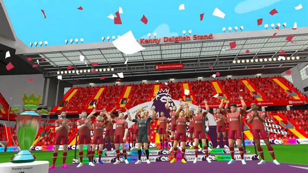 The digital replica of Liverpool FC's championship celebration in the stadium in front of a grandstand.