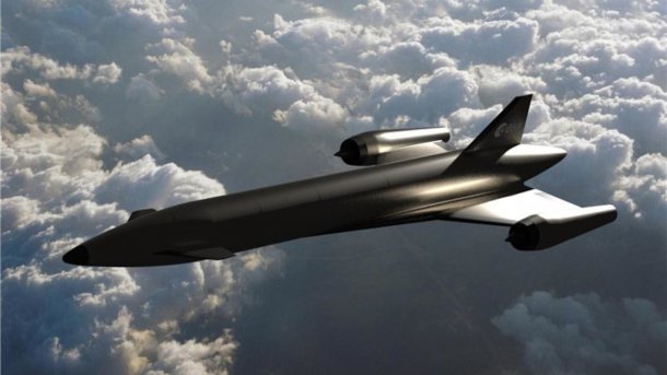 Hypersonic airplane flies above the clouds.