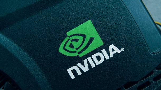 Close up shot of Nvidia brand logo on video card GPU. Top view
