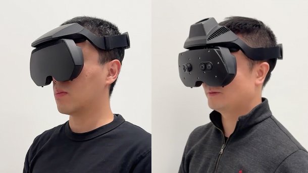 Two pictures of a man wearing two different black and compact headsets.