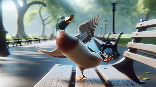 Ente tanzt auf Parkbank