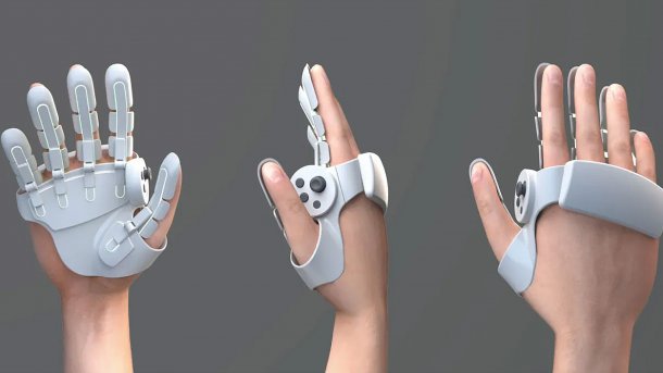 Presentation of haptic gloves on a hand from three different perspectives.