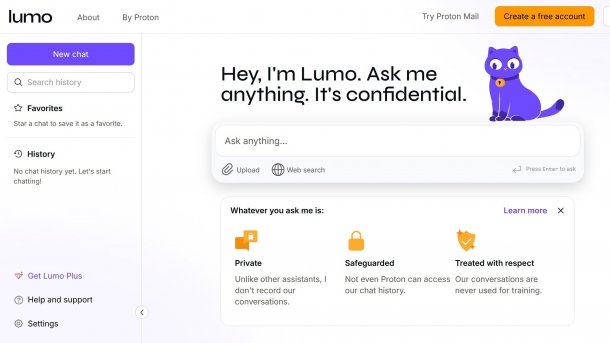 Startseite des Chatbots, dessen Maskottchen eine lila Katze ist