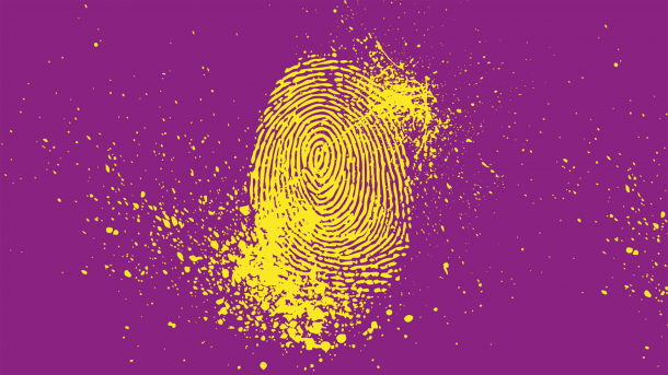 gelber Fingerabdruck vor lila Hintergrund