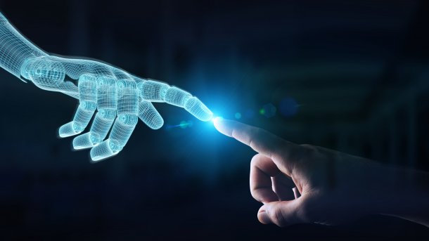 Finger of blue AI hand points to finger of a human hand