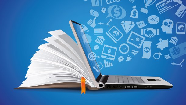 Artistic representation of a book-laptop hybrid from which various symbols fly out