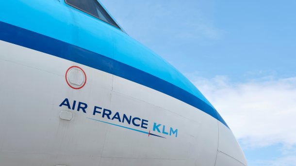 The Air France-KLM logo on an airplane.