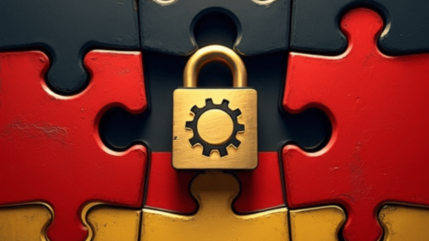 Castle with cogwheel on it, puzzle in German colors as background