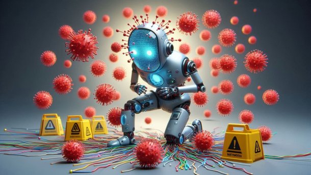An AI robot goes down on its knees, is attacked by viruses and network packets