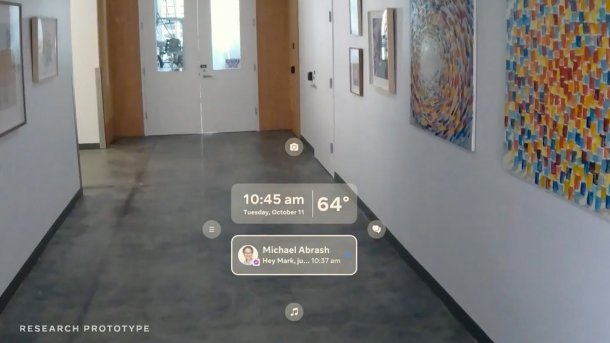 A corridor with pictures on the wall with an AR overlay showing a chat history.