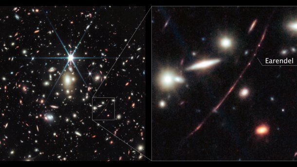 Image of a galaxy with a marked point of light and the inscription Earendel