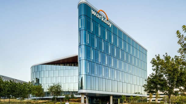  A glass office building with the Workday logo.