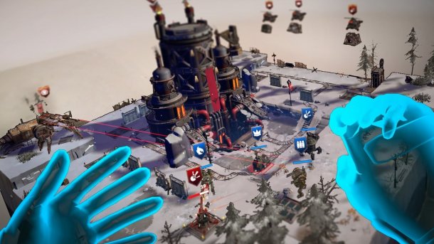 A game scene from "Grit and Valor - 1949 VR" shows virtual hands commanding game pieces on a tabletop.