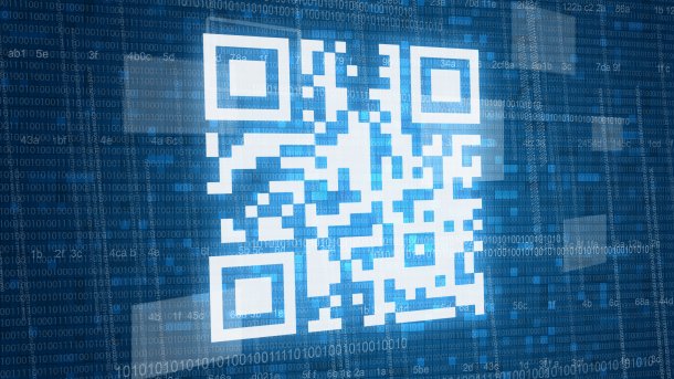 Glowing QR code floats in front of a background of zeros and ones